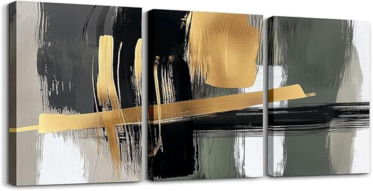 jejeloiu Kids Abstract Art 3 Piece Canvas Wall Art for Living Room Bedroom 12"x16"x3pcs Geometric Office Decorations Artwork Posters Gold Modern Art Picture Wall Decor for Home Decor Bathroom