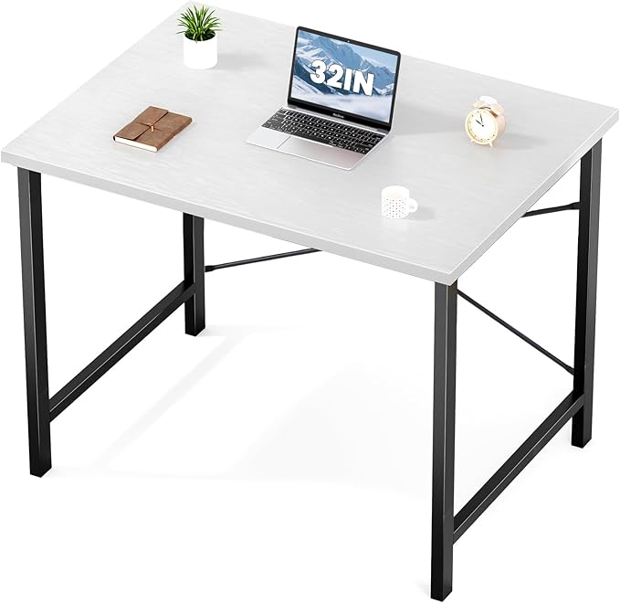 Sweetcrispy Computer Desk, Small Office 32 Inch Writing Work Study Student Teacher Home Bedroom Table with Metal Frame Wood Tabletop - White