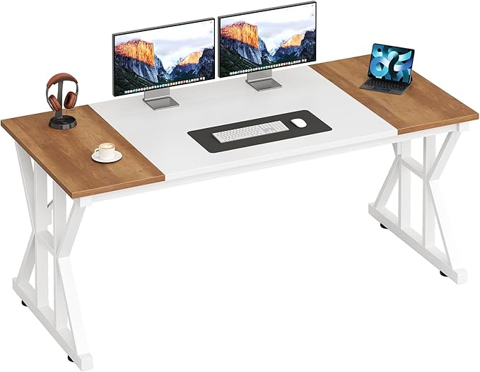 TVU Computer Desk, 55 inch Large Office Desk, Study Writing Table with Thicken Frame, Gaming Desk, Modern Simple Desk for Home Office, Brown/White