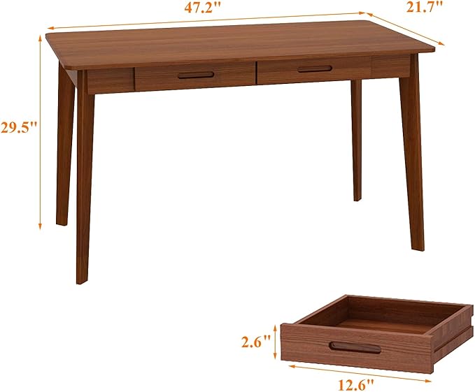 47 Inch Compact Computer Gaming Desk, Study Work Office Desk with 2 Storage Drawers, Rectangular Study Reading Table, Simple Computer Writing Table for Home Office, Living Room,Walnut Color