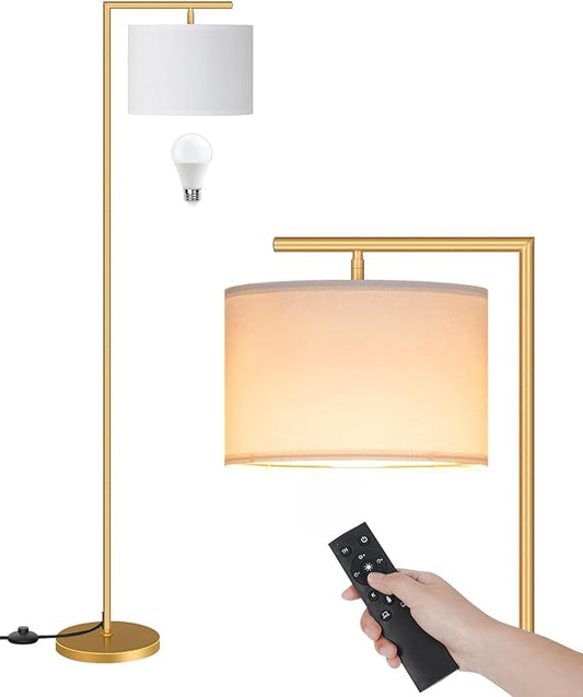 Gold Dimmable Floor Lamp, Modern Arc Lamp with Remote, Standing Corner Light with Lampshade, Tall Reading Lighting for Bedroom, Living Room, Office, Den, White, LED Bulb Included, DW11LD05
