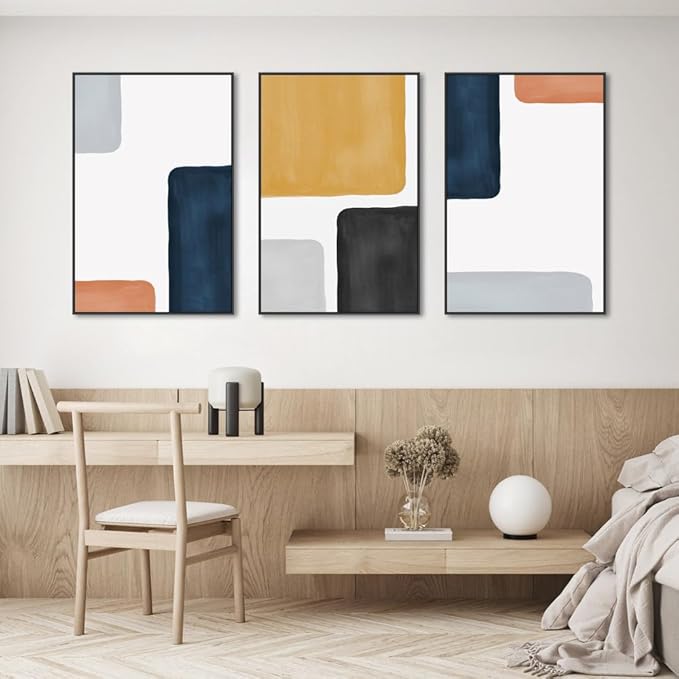 MPLONG Framed Wall Art Modern Abstract Canvas Wall Art 3 Piece Set Of Painted Prints Boho Style For Living Room Bathroom Kitchen Office Wall Decor Canvas Artwork (Black)