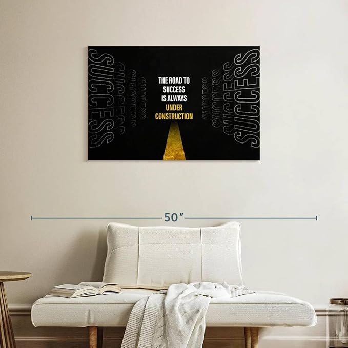 ElephantStock - Work On Your Road To Success Wall Art - Horizontal Canvas Wall Art - Home Office Wall Decor - Digital Art Inspirational And Typography Canvas Art - Black And White Decor - 36" x 24"
