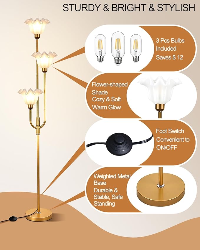 Lightdot 66IN Flower Floor Lamp 3-Lights Vintage Floor Lamps with 3000K Bulbs Included for Wedding Party Modern Dimmable Gold Tall Standing Lamp for Living Room/Bedroom/Sofa Beside/Corner Decor