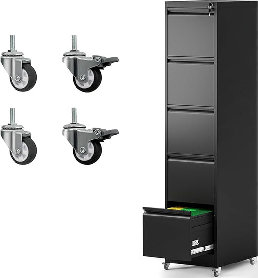 5 Drawer File Cabinet with Wheels, Metal Mobile Filing Cabinets with Lock, Vertical File Cabinet for Home Office, Rolling Storage Cabinet for A4/Letter/Legal Size File, Assembly Required, Black