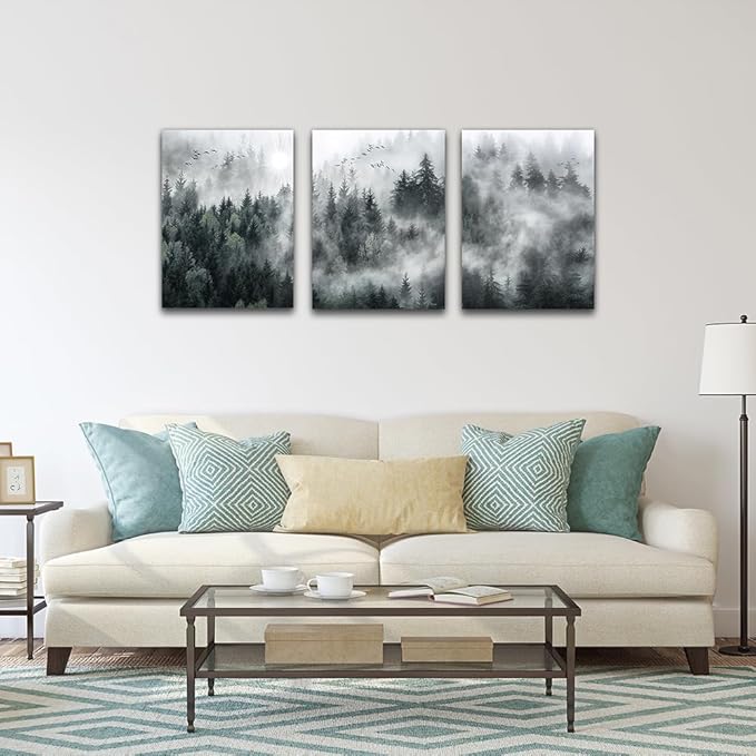 Lapremoly Framed Wall Art Living Room Canvas Wall Decor For Bedroom Office Decoration Foggy Forest Trees Scenery Wall Painting Landscape Wall Art Prints Ready To Hang Home Decor 16" X 24" 3 Piece