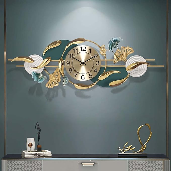 Wall Clock Large Metal Wall Clocks Creative Gold Fish Design Silent Wall Clock for Bedroom Kitchen Home Office Entrance Indoor 100x33cm/39x13 Clock (Horizontal A)