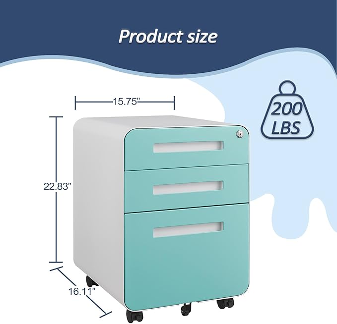 3 Drawer Mobile File Cabinet with Lock, Under Desk Storage Filing Cabinet for Home Office, Small Rolling File Cabinet for Legal, Letter and A4 Files (White+Green)