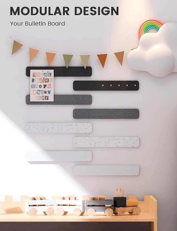 Fluxynara Cork Board Alternative Felt Strip Board 8-Pack 13"x2", Office Pin Board with 50 Push Pins, Adhesive Install for Bedroom Door & Home Office(Concrete Echo)
