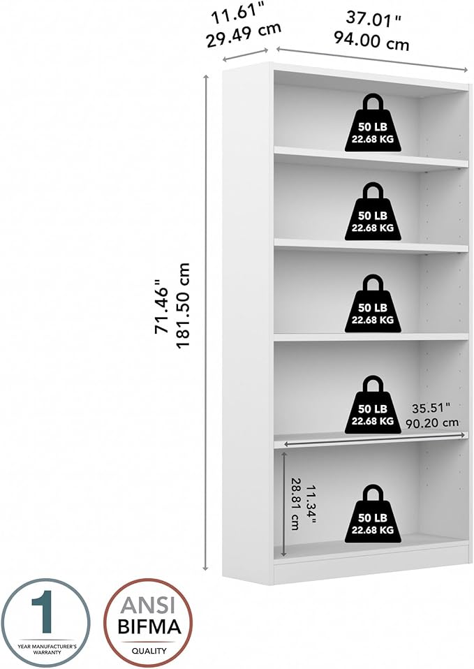 Bush Home Universal Tall 5 Shelf Bookcase in White, Vertical Storage and Display Bookshelf for Home Office or Living Room Organization