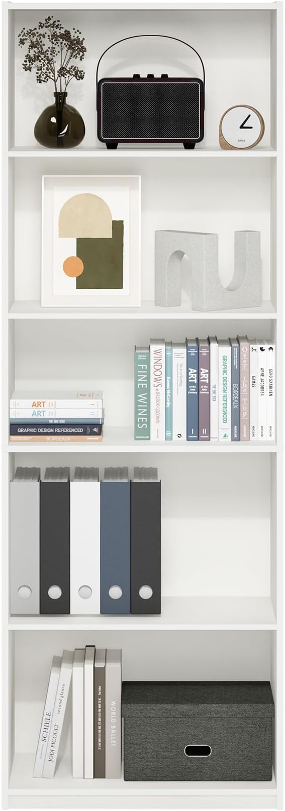 Furinno GEHRY Book Shelf, 5-Tier Bookshelf with Open Shelf, Standing Bookcase with Adjustable Shelves, 11.6 x 24.8 x 71.4, for Living Room, Bedroom, Home Office, White
