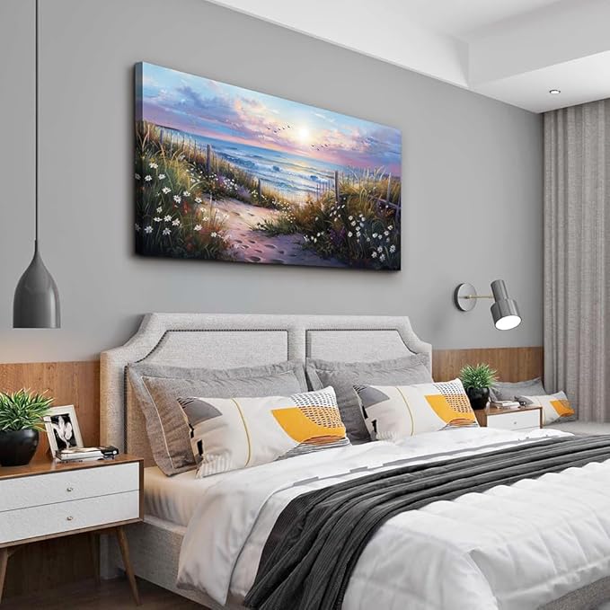 hyidecorart Blue Ocean Artwork Pictures Canvas Wall Art For Living Room Wall Decor For Bedroom Flower Beach Scenery Wall Painting Framed for Office Hotel Wall Decor Modern Posters Home Decorations