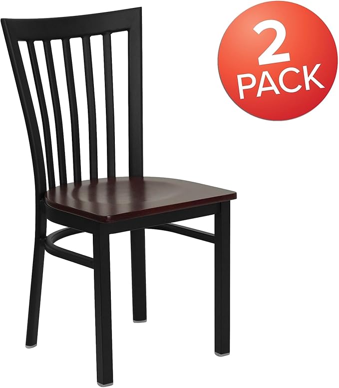 Flash Furniture 2 Pk. HERCULES Series Black School House Back Metal Restaurant Chair - Mahogany Wood Seat