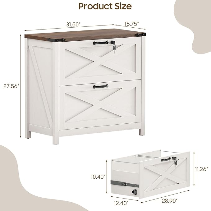 Lateral File Cabinet with 2 Large Drawers, Farmhouse File Cabinet with Lock for Letter/Legal/A4 Size Hanging Files, Wood File Storage Cabinets Printer Stand for Home Office Cabinets, White and Brown