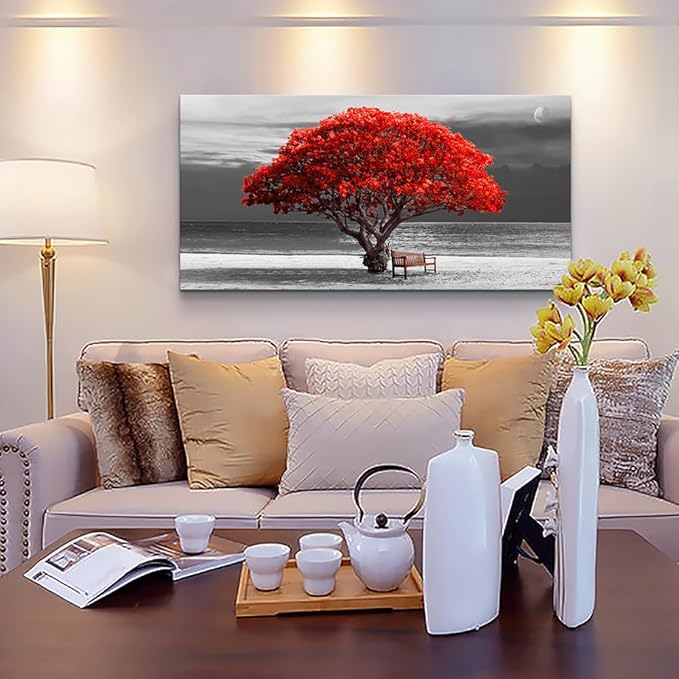 Wapluam Canvas Wall Art - Large Landscape Wall Decor - Bedroom, Living Room, Office - Black & White Framed Artwork - 24x48 in
