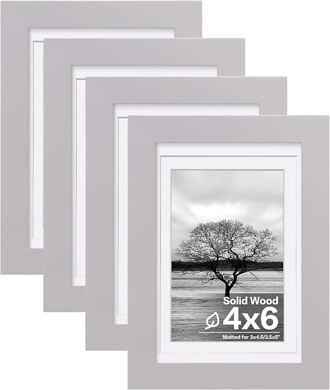 Egofine 4x6 Picture Frames Set of 4, Made of Solid Wood Covered by Plexiglass 3x4.5 and 3.5x5 with Mat or 4x6 without Mat, for Table Top Display and Wall Mounting Photo Frame, Light Grey
