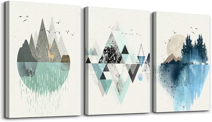 Canvas Wall Art Paintings For Living Room Large Size Abstract Geometry Mountain In Daytime Canvas Prints Artworks Pictures Bedroom Decoration,20 X 28 inches 3pcs Home Bathroom Wall Decor Posters