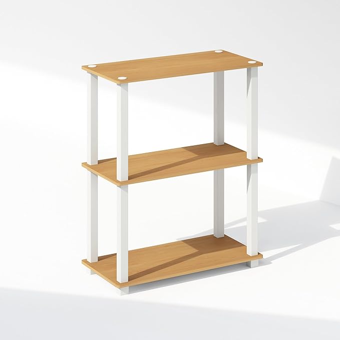 Furinno Turn-S-Tube Book Shelf, 3-Tier Bookshelf, Multipurpose Bookcase with Square Tube, 11.6 x 23.6 x 29.6, for Living Room, Bedroom, Home Office, Beech/White