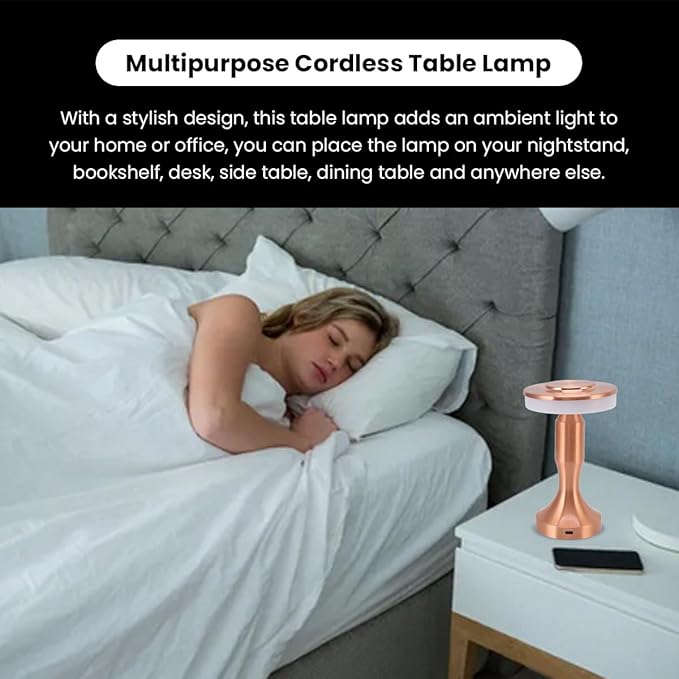 3W LED Table Lamp, 3 Color Temperatures Dimmable Rechargeable Cordless Desk Lamp, Portable Bedside Lamp with Touch Sensor for Dining Room (Copper), Locadence7ty1eqdfx0-13