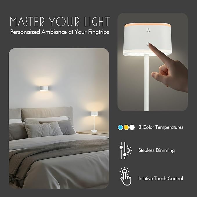 2 Pack Cordless Table Lamps, Rechargeable Touch Lamps for Nightstand & Dining Table, 3 Color Temps 3000K-6500K, Dimmable, Dual-Tone Design, USB-C Portable Bedside Lights, Set of 2, White