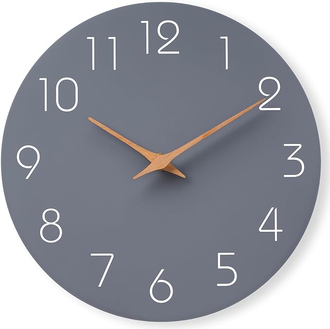Mosewa Wall Clock 12 Inch Gray Silent Non Ticking Battery Operated Modern Simple Clock Decorative for Kitchen Home Bedroom Bathroom Office Living Room