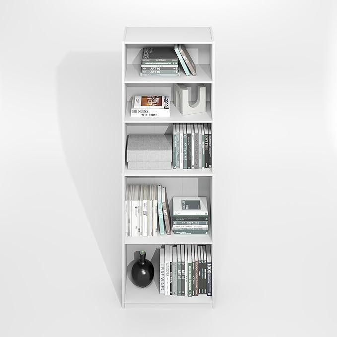 Furinno Jaya Simply Book Shelf, 5-Tier Bookshelf, Bookcase with Adjustable Shelves, 9.5 x 24.5 x 71.2, for Living Room, Bedroom, Home Office, Plain White