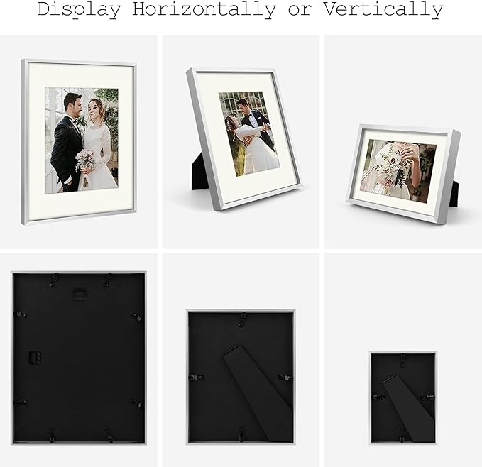 Golden State Art, Picture Frame Set 7 Pack, Gallery Wall Frame with One 11x14, Two 8x10, and Four 5x7. Aluminum Photos Frame for Wall or Tabletop Display (Style 1, Silver, 7 Pack)