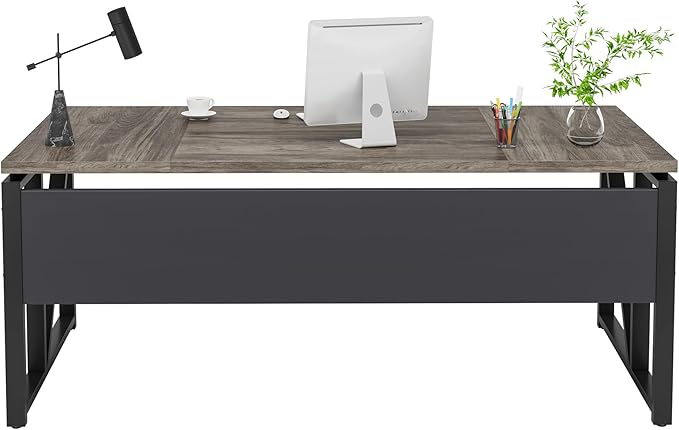 Tribesigns 63 inches Computer Desk with Bottom Storage Shelf Home Office Desk Writing Table for Workstation,Dark Walnut + Steel Leg， Cabinet not Included (Grey, 63-inch-with Shelf)