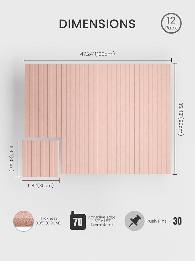 Bumusty Large Cork Board Alternative-48 x 36" Felt Bulletin Board Tiles, with 30 Pushpins, 70 Adhesive Tabs, 12-Pack Slat Wall Paneling, Cork Boards for Office Push Pin Board Felt Board-Pink