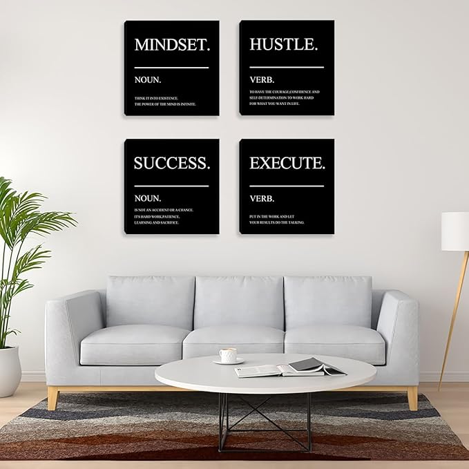 Home Office Wall Decor - Framed Motivational Wall Art for Office - Inspirational Hustle Wall Art - Mindset Canvas Wall Art Decorate for Living Room Bedroom Men Office Decor - 16"x16"x4PCS