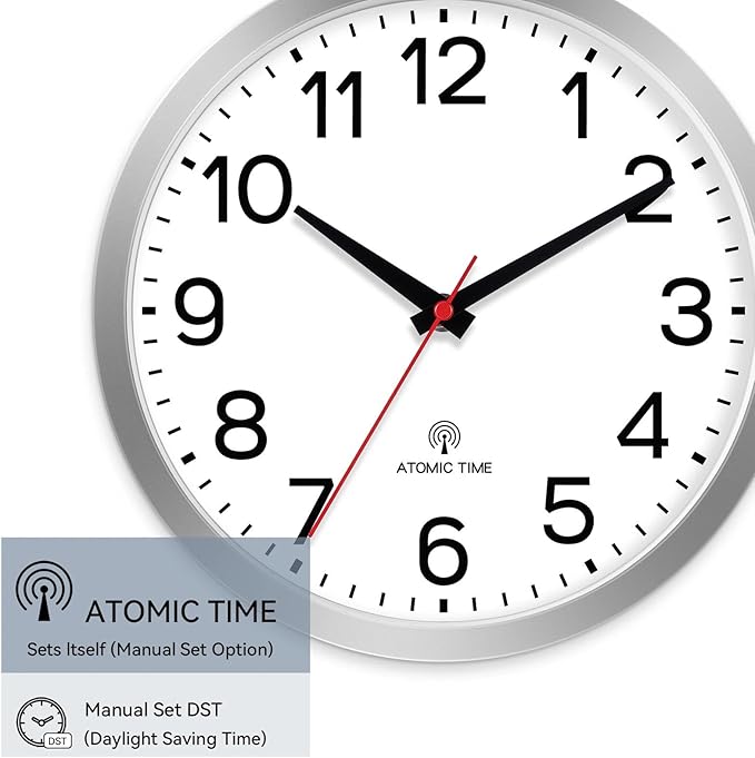AKCISOT Atomic Wall Clock 12 Inch Clocks for Kitchen, Battery Operated Clock for Bedroom Office Classroom Living Room(Silver)