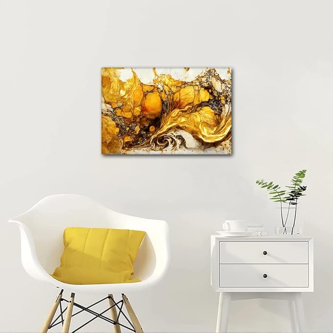 Modern Canvas Wall Art 1 Panel Abstract Wall Decor Artwork Gold and White Marble Art Poster Prints on Canvas for Dilettante Living Room Bedroom Wall Decor Stretched and Framed Ready to Hang 24x16 in