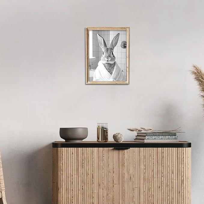 uniro Funny Bathroom Wall Art Prints Black and White Bath towel bunny Bathroom Picture Wall Decor Whimsical Farmhouse Decor Cute Rabbit Animal Canvas Print Painting Modern Bathroom Signs Wall Art Poster for Bathroom Decor( 8" x 10"-UNFRAMED)
