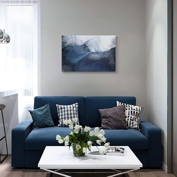 Canvas Wall Art Abstract Art Paintings Navy Blue Block and Line Graffiti is Like Running Water on White Background Modern Artwork Decor for Living Room Bedroom Kitchen 24x16in