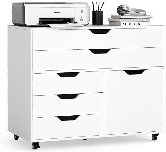 MAT EXPERT 5-Drawer Mobile File Cabinet w/Door, Lateral Filing Cabinet w/5 Universal Wheels, Rolling File Cabinets with Storage, Modern Wood Printer Stand for Home Office, Living Room, Study (White)