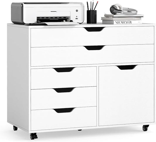 MAT EXPERT 5-Drawer Mobile File Cabinet w/Door, Lateral Filing Cabinet w/5 Universal Wheels, Rolling File Cabinets with Storage, Modern Wood Printer Stand for Home Office, Living Room, Study (White)