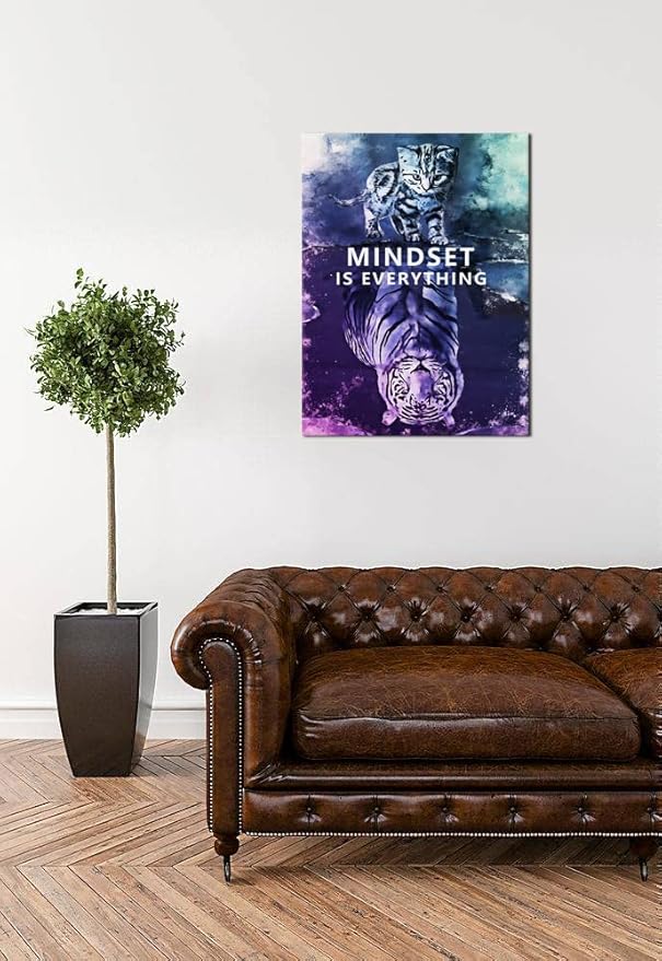 Inspirational Wall Art Posters Big Tiger Pictures Small Cat Canvas Painting Mindset is Everything Print Poster Artwork Wooden Home Decor for Living Room Gym Office Framed Ready to Hang[18" W x 24" H]