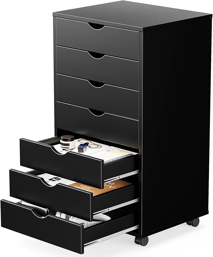NEWBULIG 7 Drawers Mobile File Cabinet Under Desk Storage with Wheels Office Filing Cabinets Small Wooden Rolling Chest of Dawers for Home Office Black