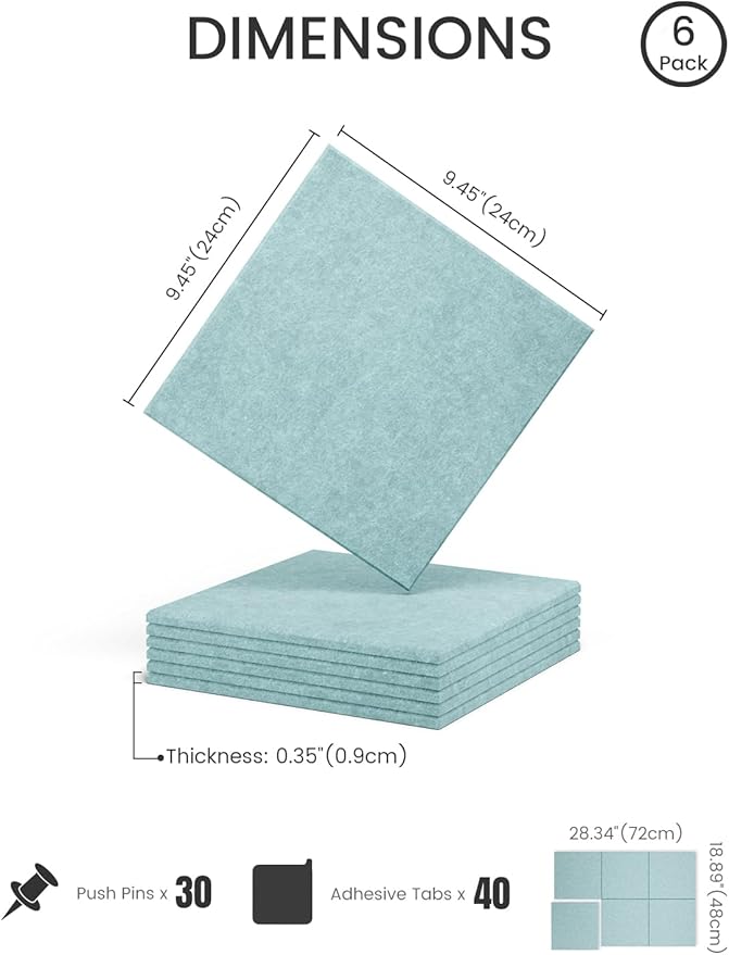 Fluxynara Felt Bulletin Board Tiles -28"x18" Cork Board Alternative for Office Decor, Push Pin Board Wall Organizer 6-Pack -Seafoam Blue