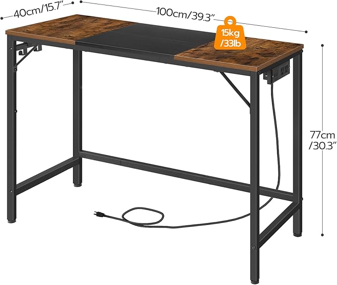 HOOBRO Computer Desk, Home Office Desk with Power Outlet, Modern Study Writing Desk with 3 Hooks for Study Room, Home Office, Sturdy and Stable, Easy to Assemble, Rustic Brown and Black BF41UDN01