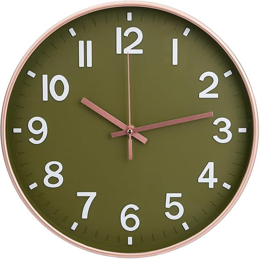 Wall Clock 12Inch Olive Green Modern Simple Quartz Decorative Clock Non-Ticking Silent Battery Operated Round Wall Clocks Trendy and Practical Best Gift for Living Room Bedroom Kitchen Office