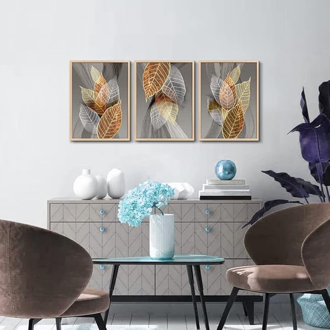 Natural Wood Framed Wall Art For Living Room Large Wall Decorations For Kitchen Bedroom Wall Decor Abstract Leaves Painting Inspirational Pictures Artwork Bathroom Home Decor of 3 Piece Art Prints