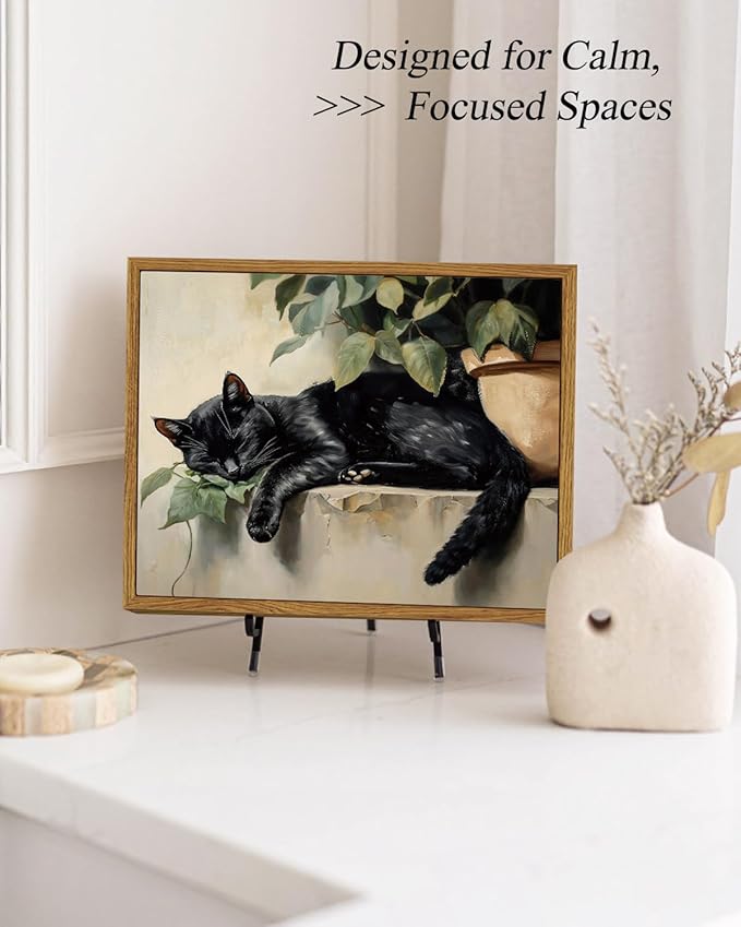 ARPEOTCY Vintage Framed Canvas Wall Art, Sleeping Black Cat Wall Decor, Cute Animal Prints Rustic Aesthetic Home Decor for Living room Bedroom Bathroom 8x10 inch