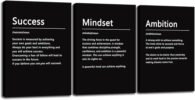 Inspirational Poster Success Mindset Ambition Noun Motivational Canvas Art Paintings 3 Pieces Picture Artwork Living Room Prints Office Wall Decor Home Wooden Framed Ready to Hang[60''Wx 28''H]