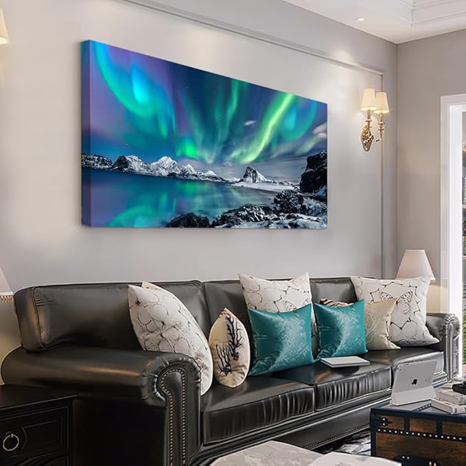 Lapremoly Large Canvas Wall Art For Living Room farmhouse Wall Decor For Bedroom Office Decoration Pictures Blue Aurora Scenery Wall Paintings Framed Wall Mural Room Home Decor Artwork 24X48 inch