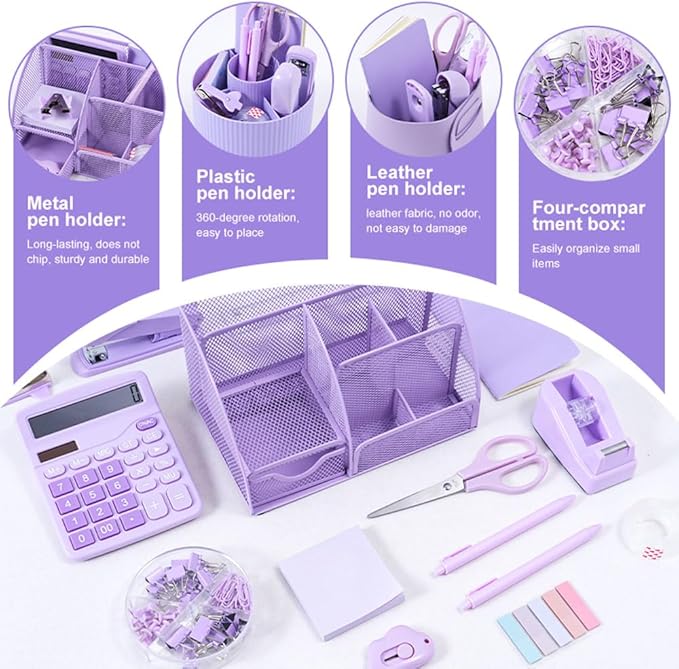 Purple Desk Organizers and Accessories with Desk Organizer 360° Rotating Pen Holder and Office Supplies, 19Pcs Cute Stationery Supplies Set