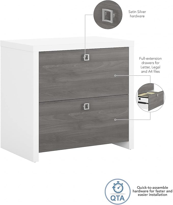 Bush Furniture Lateral File Cabinet with Satin Silver Hardware | Echo Collection 2 Drawer Filing Unit for Home Office or Professional | 31Wx20Lx30H