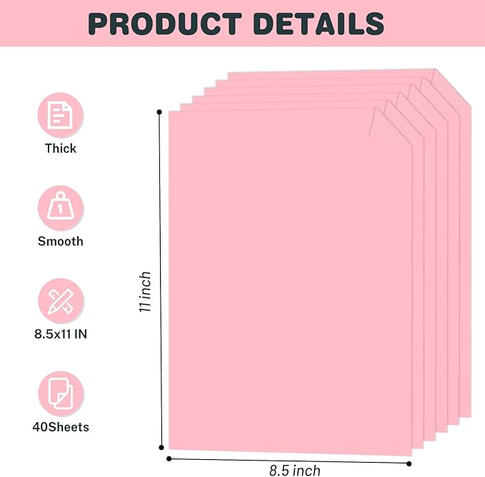 Cardstock 8.5 X 11, 40 Sheets Pink Card Stock, 75lb/ 200gsm Copy Paper, Cardstock Printer Paper For Art, Drawing, Invitations, DIY Cards, Watercolor, Craft, Construction, School & Office Supplie