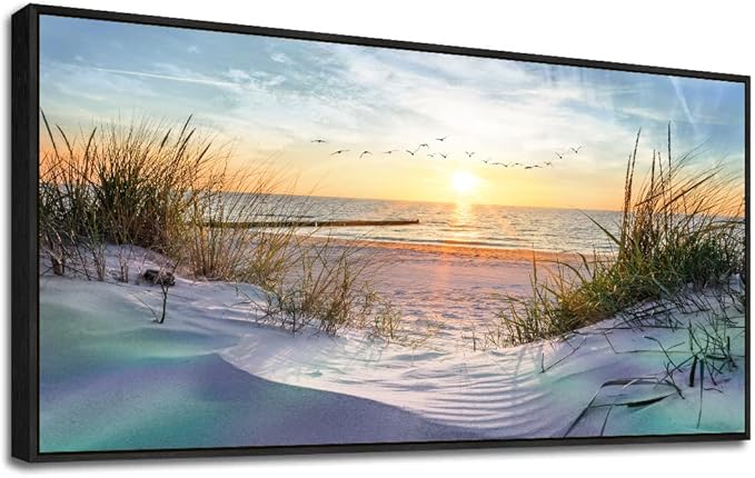 Black Wood Framed Canvas Wall Art For Living Room Large Size Wall Decor For Bedroom Ocean Beach Wall Paintings Office Decorations Sunny Sea Seascape Pictures Works Room Home Decor 20" X 40"