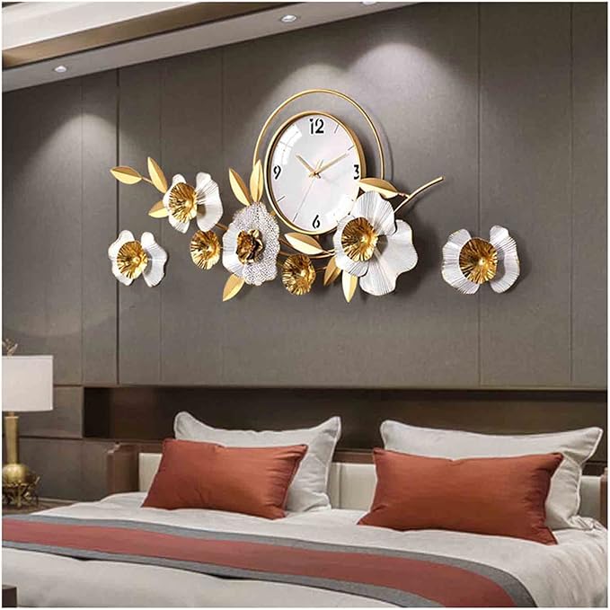 Wall Clock Large Decorative Hanging Wall Clocks,36.6 * 18.7in Wrought Iron Silent Non Ticking Ginkgo Leaf Wall Quartz Clock for Living Room Office Cafe Hotel,White Clock (White A)